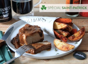 Irish Guinness pork loin, carrot and potato wedges